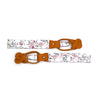 hosenträger aus weißem stoffband mit rosenmuster echtleder in hellbraun mit clips und lederschlaufen