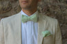fliege und einstecktuch in mintgrün aus bio baumwolle auf weißes hemd und leinenanzug